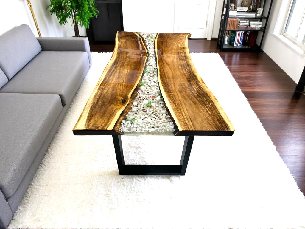 Live Edge Walnut Desk – Clear Epoxy Resin Pebbles Design